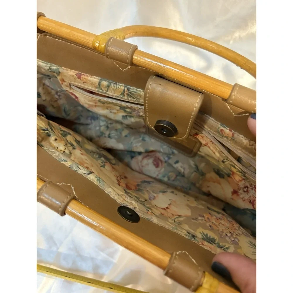 Vintage Fossil Woven Bamboo Wooden Handle Boho style Satchel Purse no strap - Picture 5 of 7